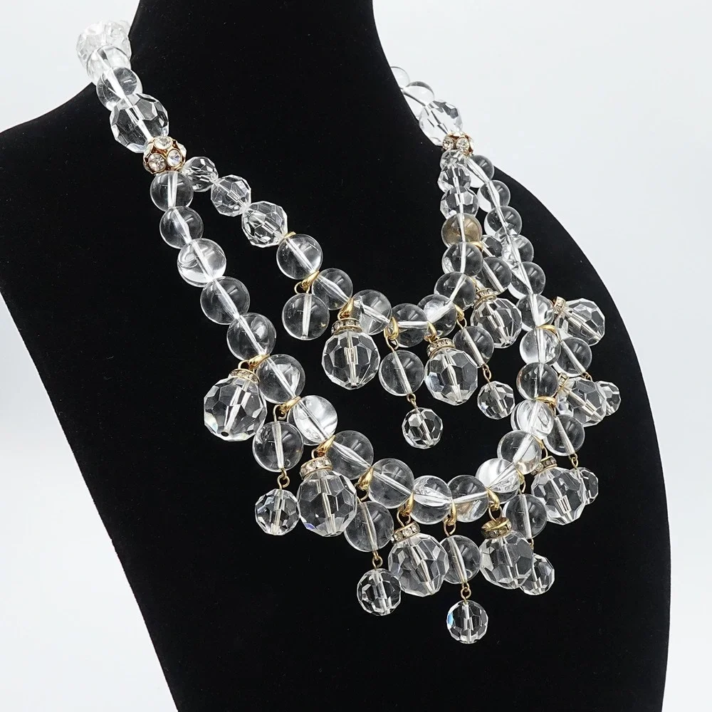 J Crew Clear Lucite Bead Bib Statement Necklace Chandelier Multi Strand Collar